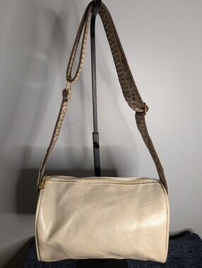 Beige Vegan Leather Boston Barrel Bag Chevron Woven Guitar Crossbody Strap Cream